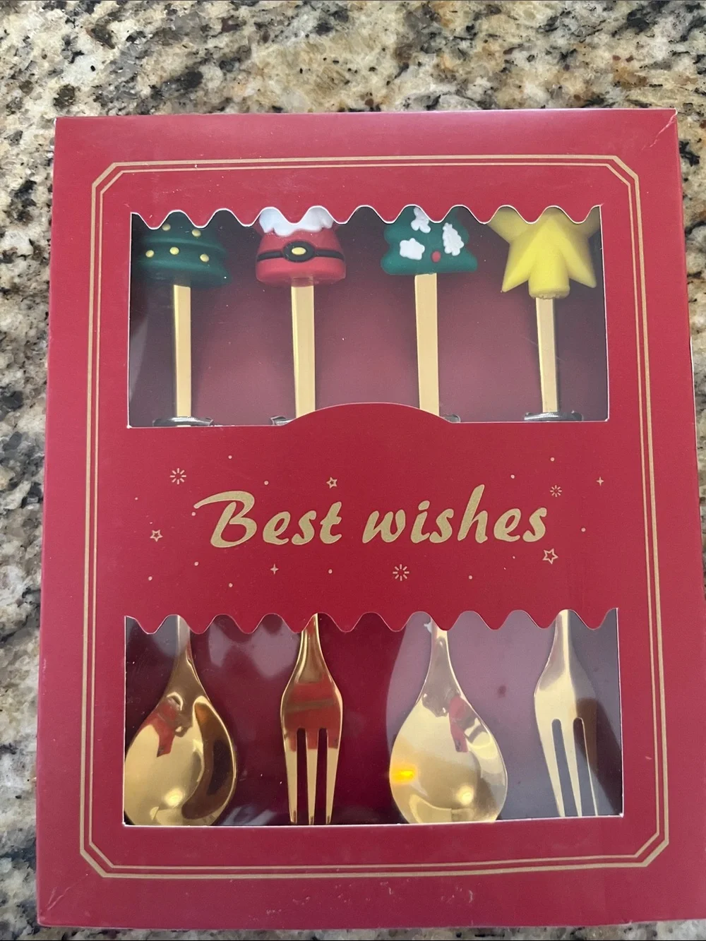 Festive Gold Holiday Dessert Spoon & Fork Set with Christmas Toppers